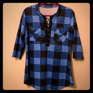 Black and blue tie front shirt